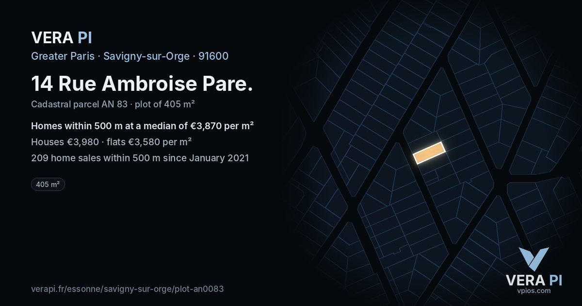 14 Rue Ambroise Pare, Savigny-sur-Orge at night – the plot lit, the parcels around coloured by the prices near them