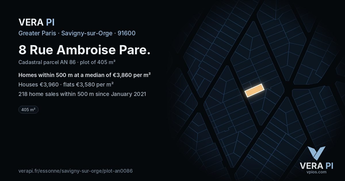 8 Rue Ambroise Pare, Savigny-sur-Orge at night – the plot lit, the parcels around coloured by the prices near them