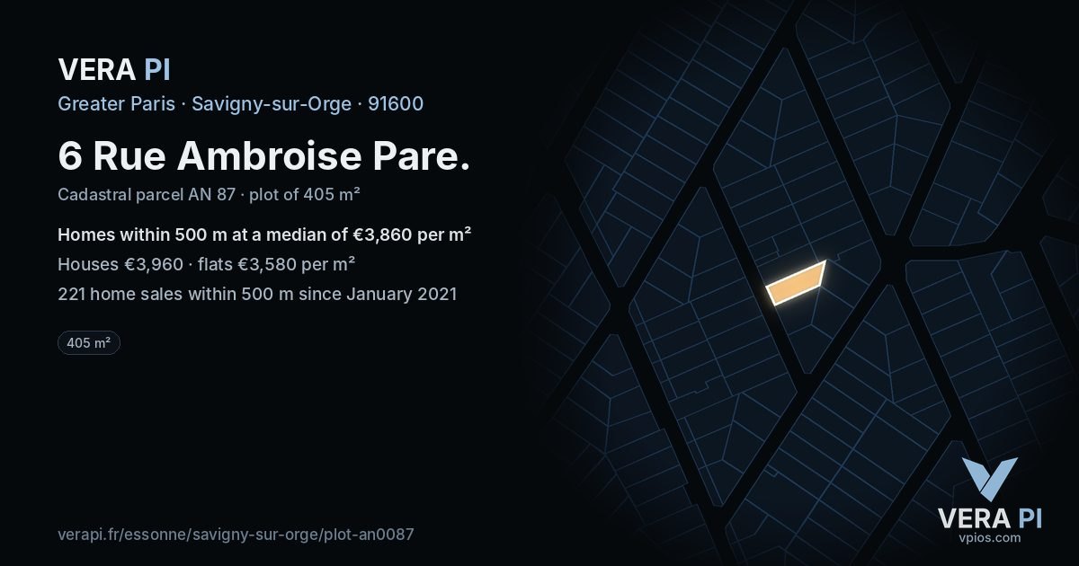 6 Rue Ambroise Pare, Savigny-sur-Orge at night – the plot lit, the parcels around coloured by the prices near them