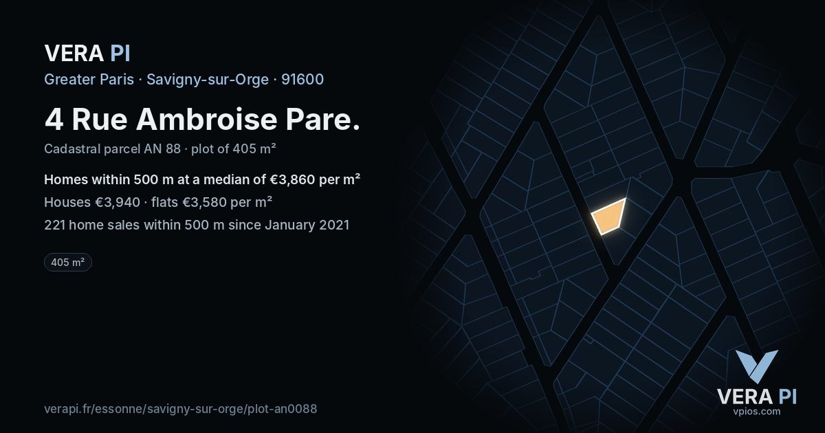 4 Rue Ambroise Pare, Savigny-sur-Orge at night – the plot lit, the parcels around coloured by the prices near them