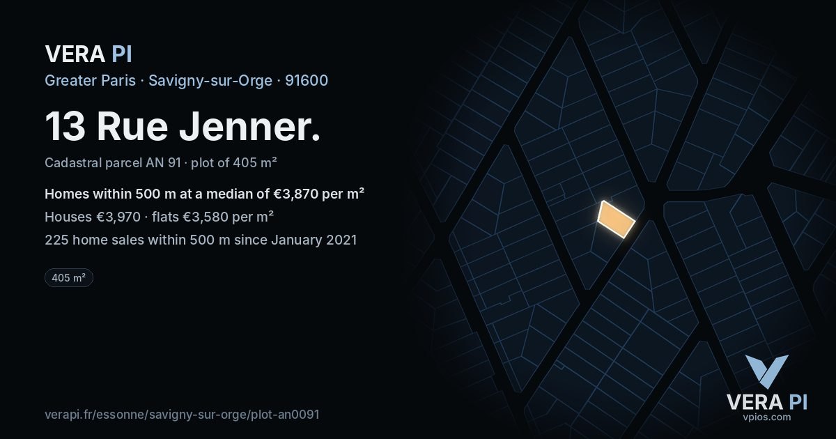 13 Rue Jenner, Savigny-sur-Orge at night – the plot lit, the parcels around coloured by the prices near them