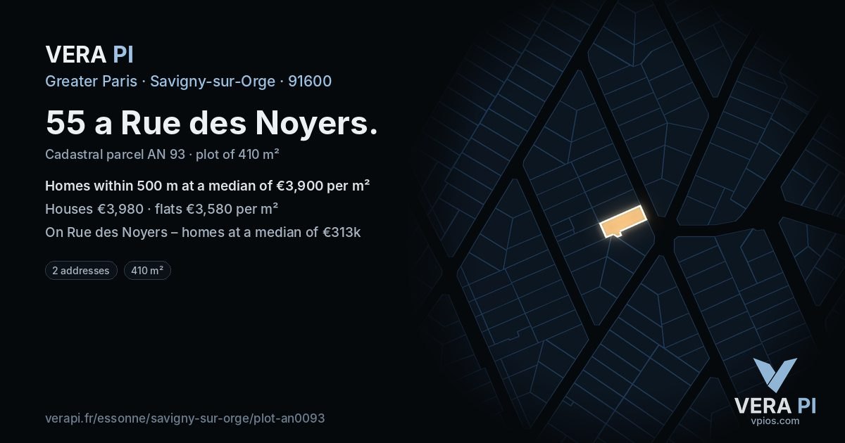 55 a Rue des Noyers, Savigny-sur-Orge at night – the plot lit, the parcels around coloured by the prices near them