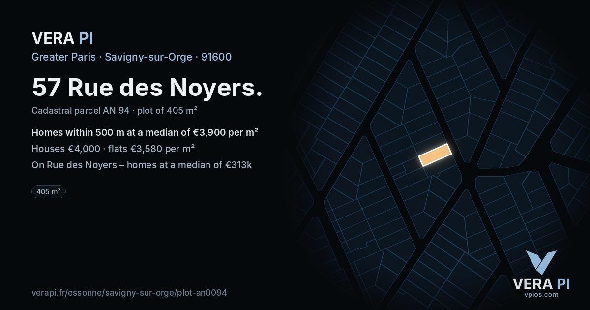 57 Rue des Noyers, Savigny-sur-Orge at night – the plot lit, the parcels around coloured by the prices near them