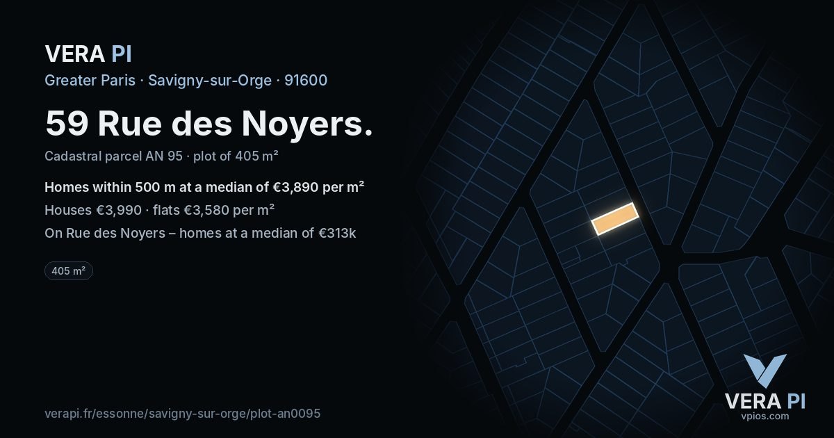 59 Rue des Noyers, Savigny-sur-Orge at night – the plot lit, the parcels around coloured by the prices near them