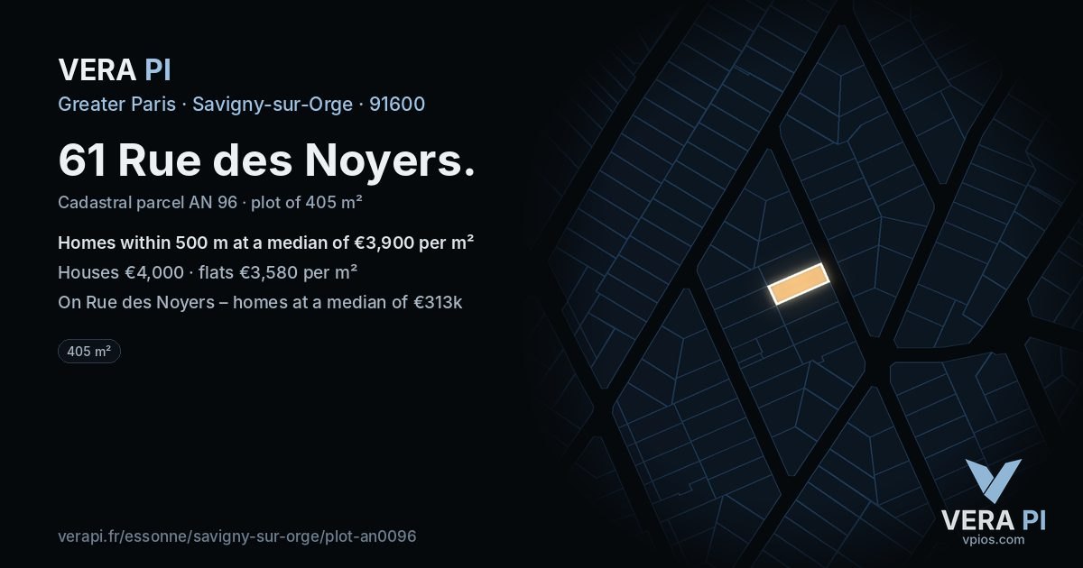 61 Rue des Noyers, Savigny-sur-Orge at night – the plot lit, the parcels around coloured by the prices near them
