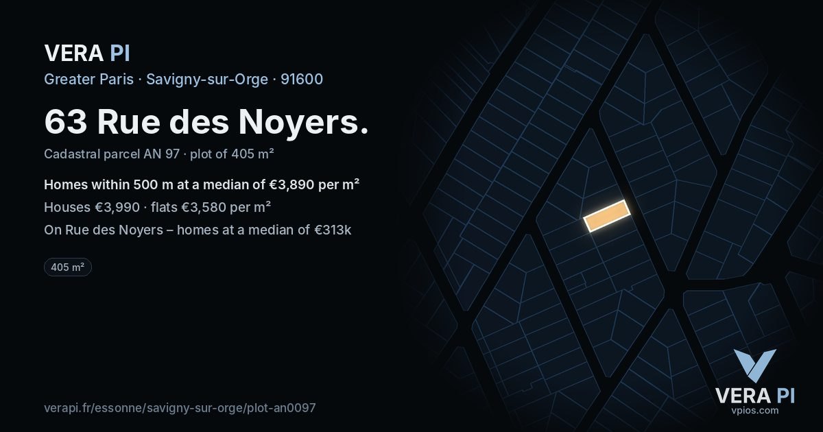 63 Rue des Noyers, Savigny-sur-Orge at night – the plot lit, the parcels around coloured by the prices near them