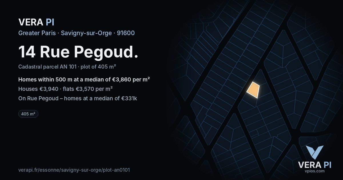 14 Rue Pegoud, Savigny-sur-Orge at night – the plot lit, the parcels around coloured by the prices near them