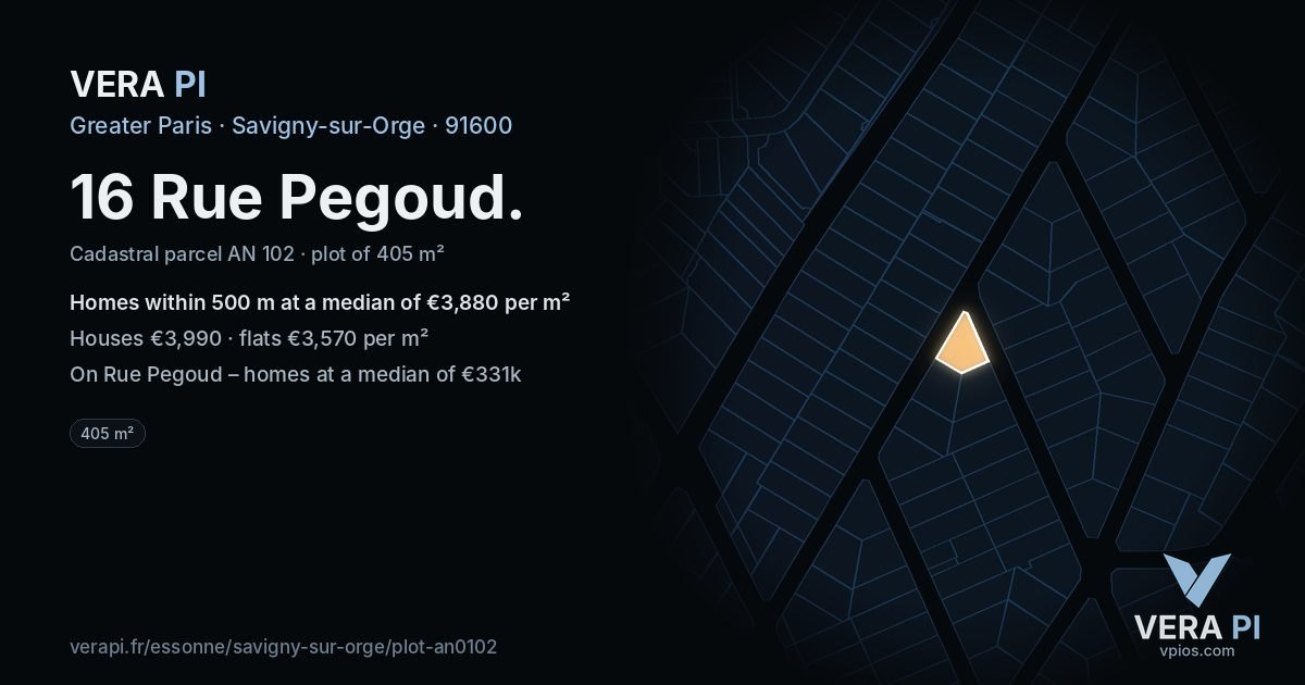 16 Rue Pegoud, Savigny-sur-Orge at night – the plot lit, the parcels around coloured by the prices near them