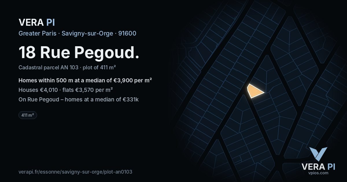 18 Rue Pegoud, Savigny-sur-Orge at night – the plot lit, the parcels around coloured by the prices near them