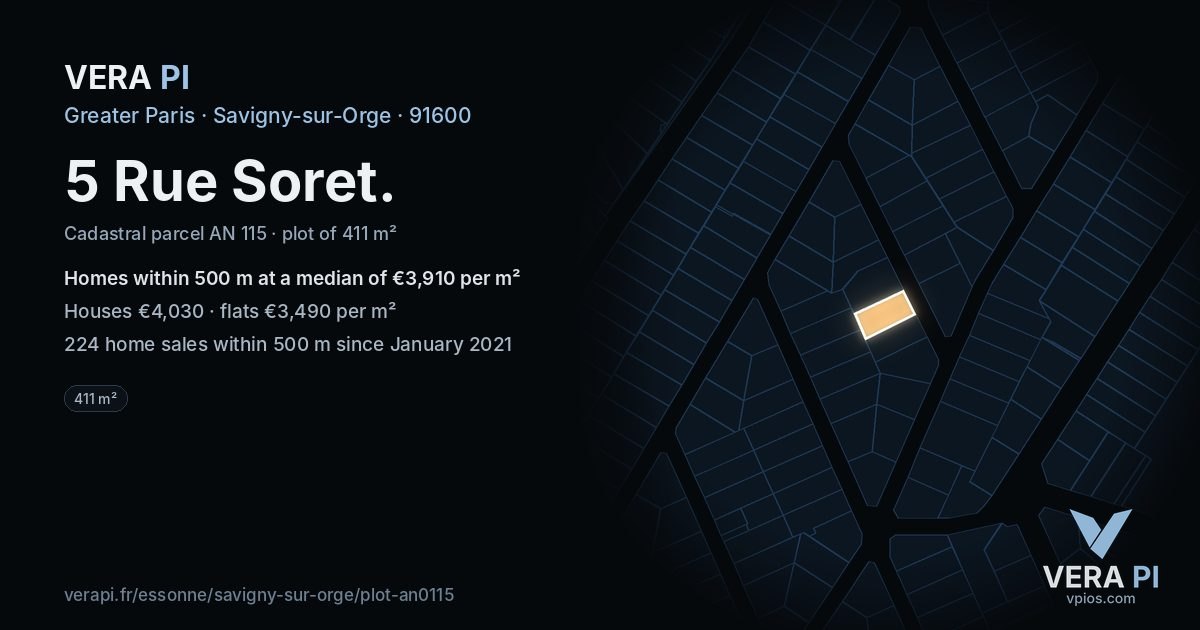 5 Rue Soret, Savigny-sur-Orge at night – the plot lit, the parcels around coloured by the prices near them