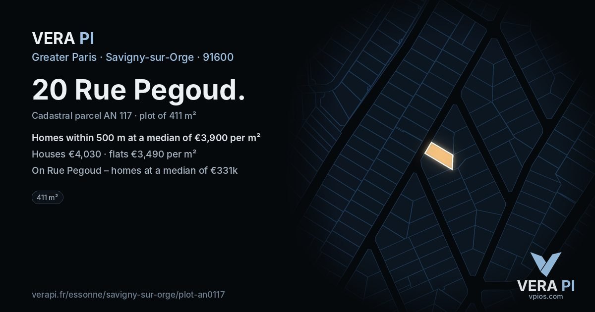 20 Rue Pegoud, Savigny-sur-Orge at night – the plot lit, the parcels around coloured by the prices near them