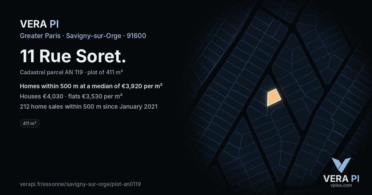 11 Rue Soret, Savigny-sur-Orge at night – the plot lit, the parcels around coloured by the prices near them