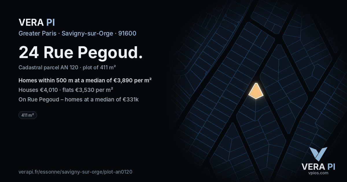 24 Rue Pegoud, Savigny-sur-Orge at night – the plot lit, the parcels around coloured by the prices near them
