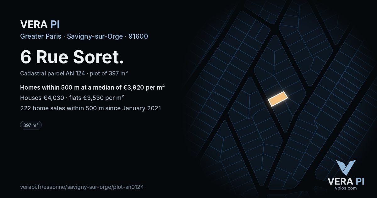 6 Rue Soret, Savigny-sur-Orge at night – the plot lit, the parcels around coloured by the prices near them