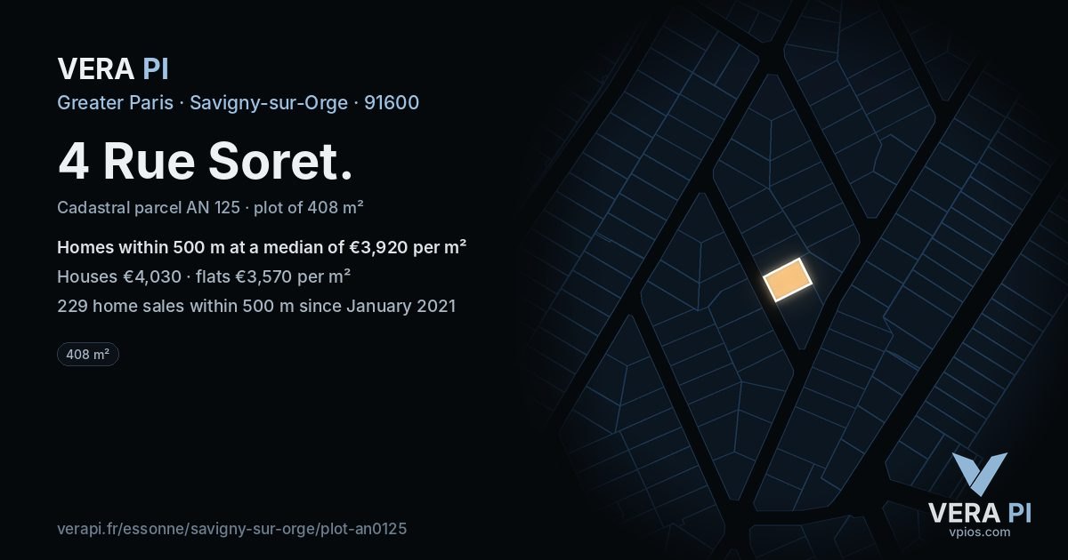 4 Rue Soret, Savigny-sur-Orge at night – the plot lit, the parcels around coloured by the prices near them
