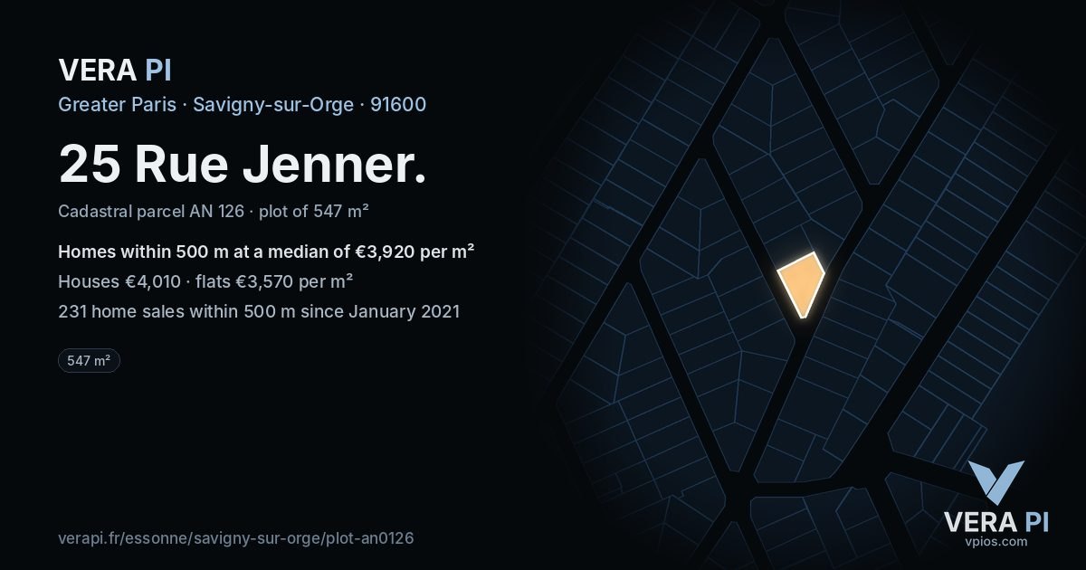 25 Rue Jenner, Savigny-sur-Orge at night – the plot lit, the parcels around coloured by the prices near them