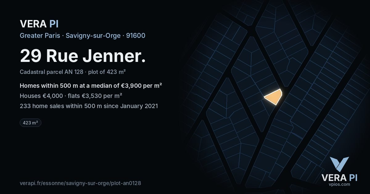 29 Rue Jenner, Savigny-sur-Orge at night – the plot lit, the parcels around coloured by the prices near them