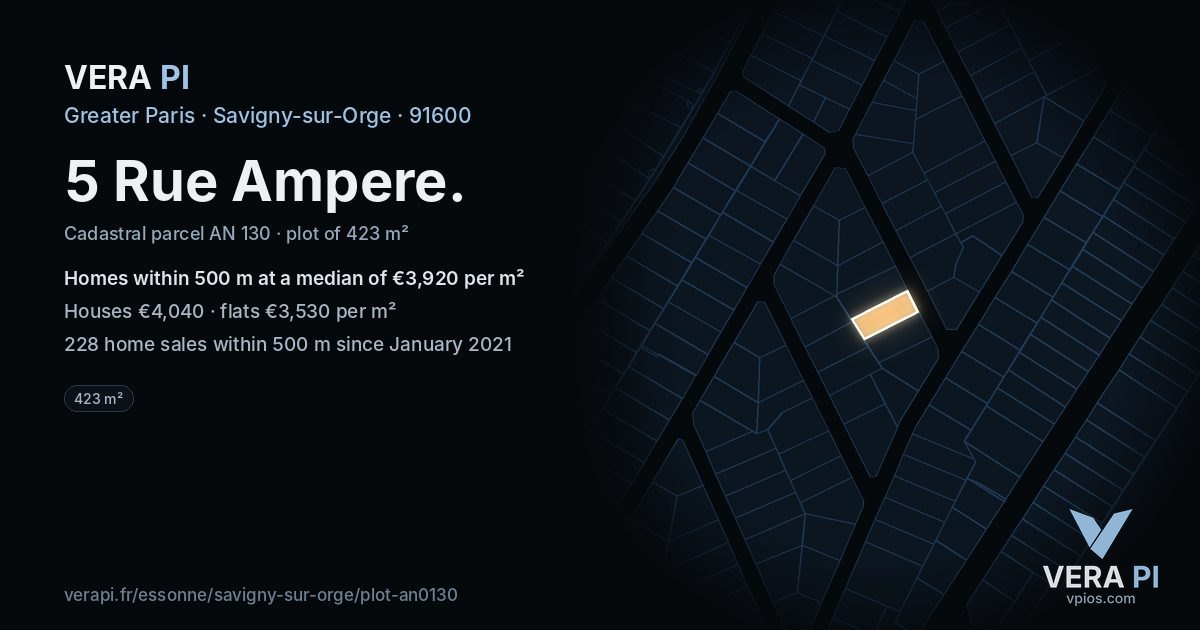 5 Rue Ampere, Savigny-sur-Orge at night – the plot lit, the parcels around coloured by the prices near them