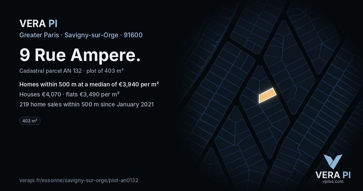 9 Rue Ampere, Savigny-sur-Orge at night – the plot lit, the parcels around coloured by the prices near them