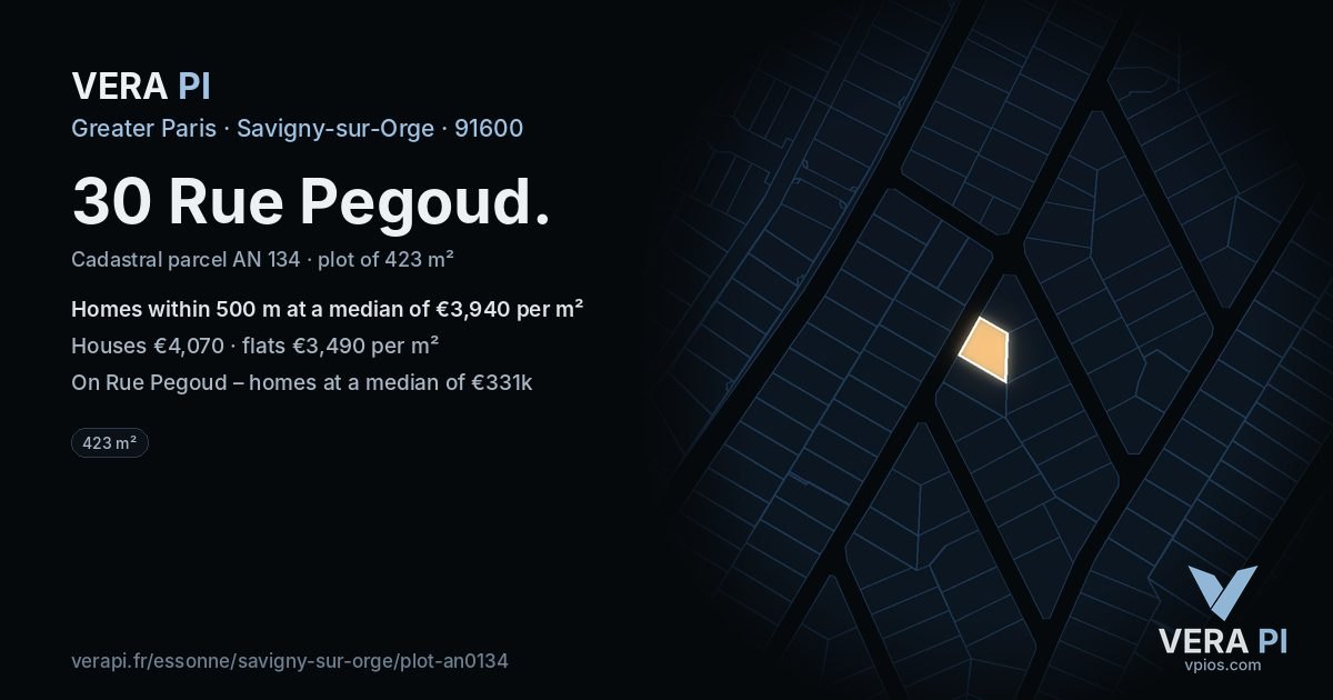 30 Rue Pegoud, Savigny-sur-Orge at night – the plot lit, the parcels around coloured by the prices near them