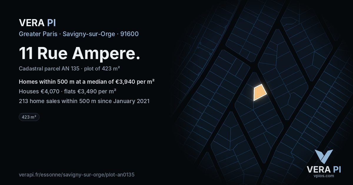 11 Rue Ampere, Savigny-sur-Orge at night – the plot lit, the parcels around coloured by the prices near them