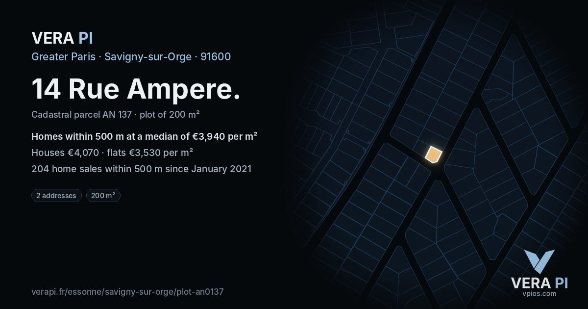 14 Rue Ampere, Savigny-sur-Orge at night – the plot lit, the parcels around coloured by the prices near them