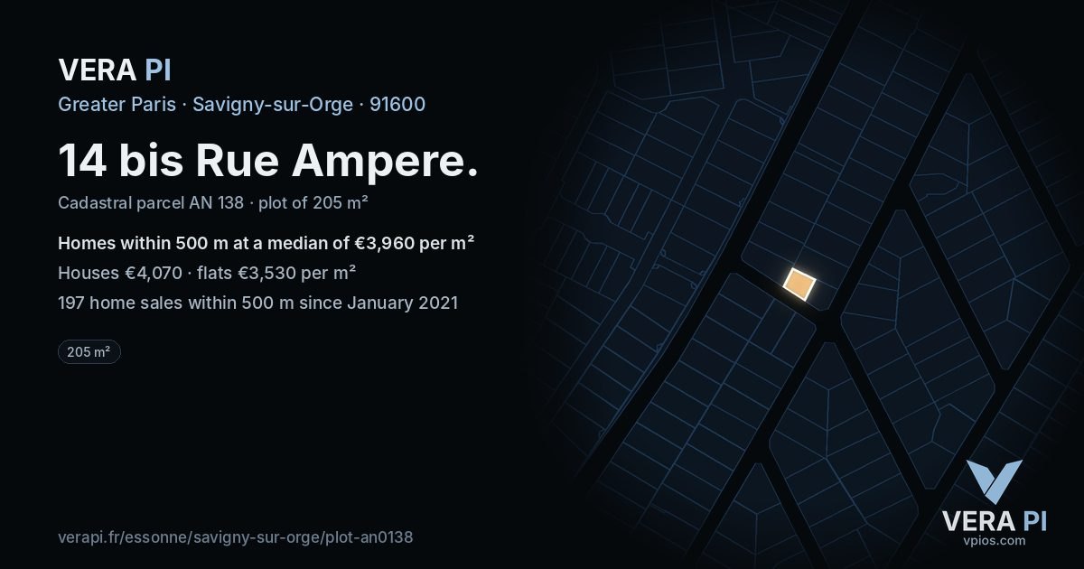 14 bis Rue Ampere, Savigny-sur-Orge at night – the plot lit, the parcels around coloured by the prices near them