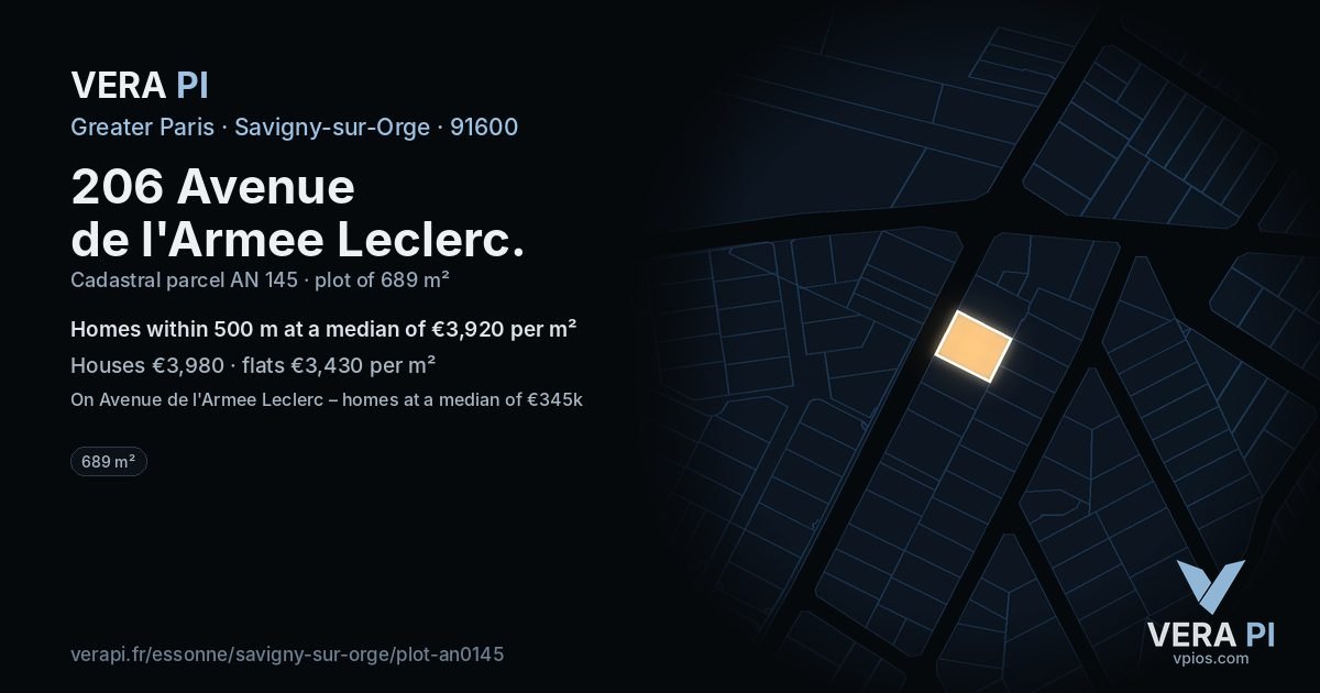 206 Avenue de l'Armee Leclerc, Savigny-sur-Orge at night – the plot lit, the parcels around coloured by the prices near them
