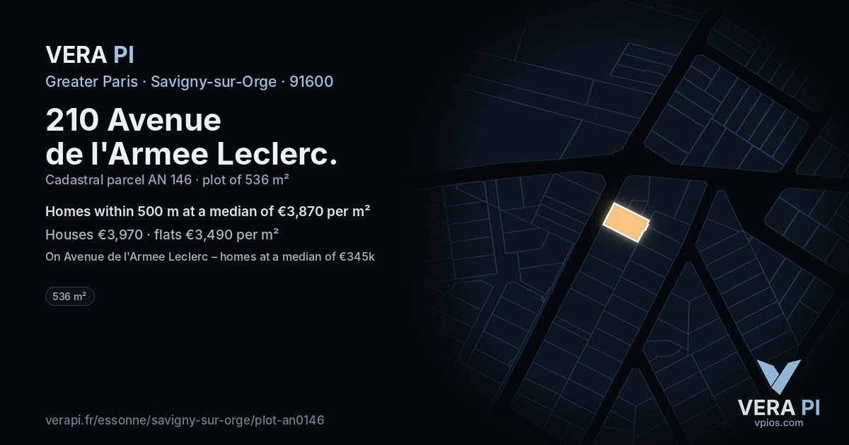 210 Avenue de l'Armee Leclerc, Savigny-sur-Orge at night – the plot lit, the parcels around coloured by the prices near them