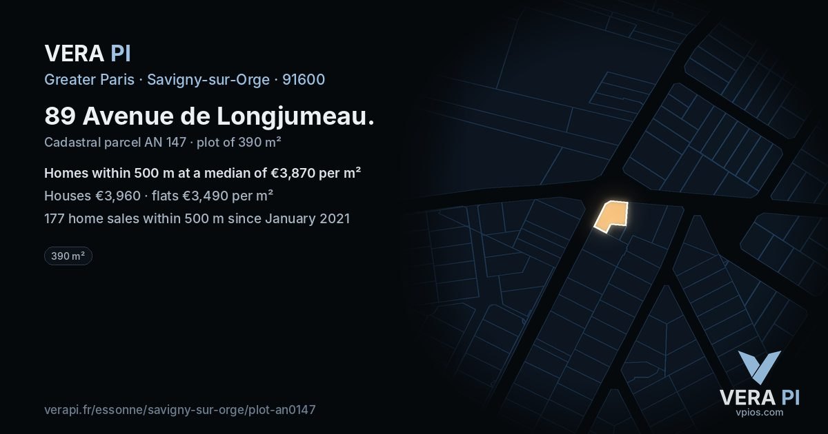 89 Avenue de Longjumeau, Savigny-sur-Orge at night – the plot lit, the parcels around coloured by the prices near them