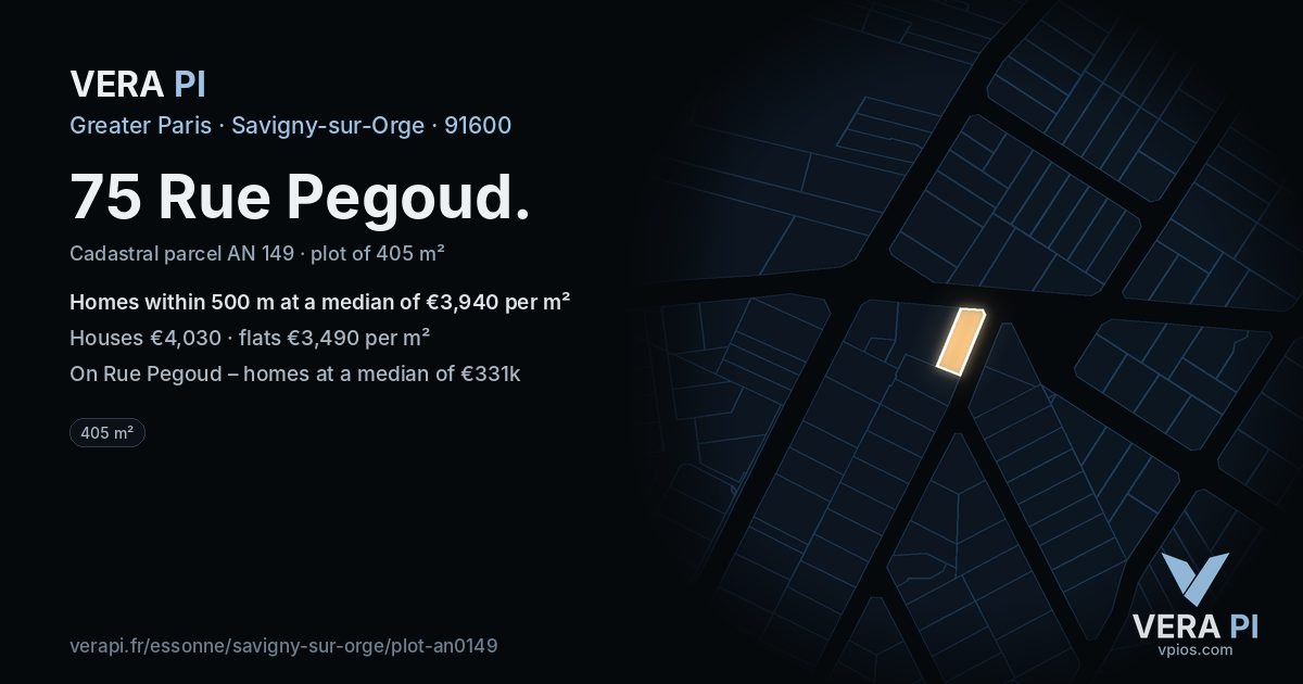 75 Rue Pegoud, Savigny-sur-Orge at night – the plot lit, the parcels around coloured by the prices near them