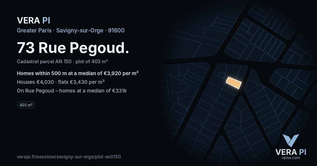73 Rue Pegoud, Savigny-sur-Orge at night – the plot lit, the parcels around coloured by the prices near them