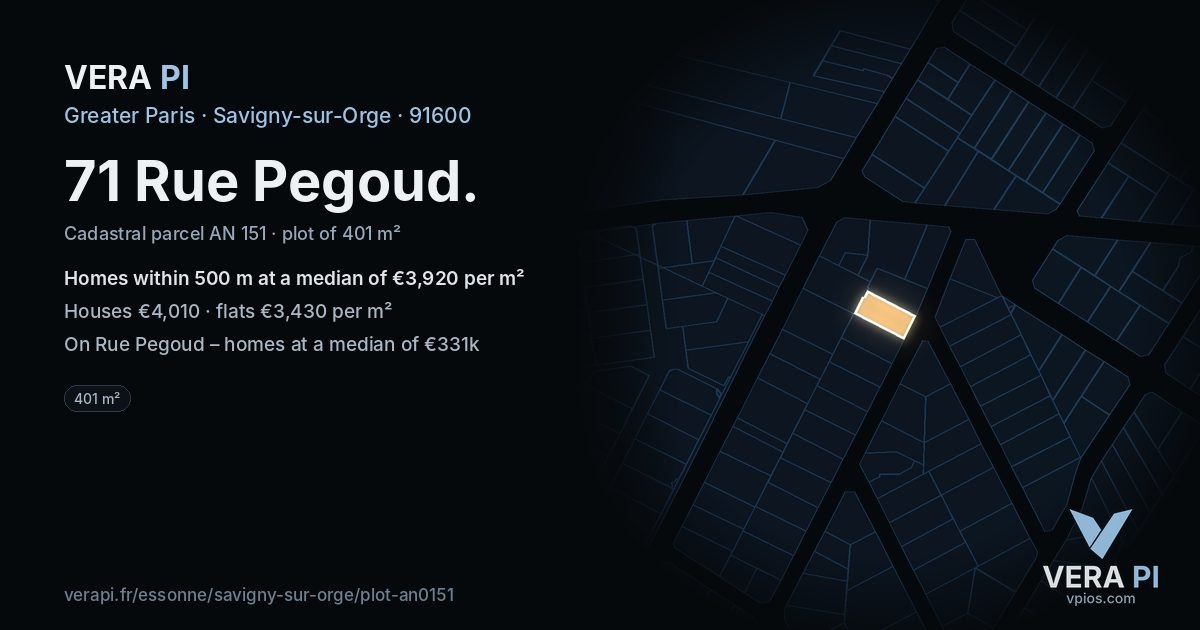 71 Rue Pegoud, Savigny-sur-Orge at night – the plot lit, the parcels around coloured by the prices near them