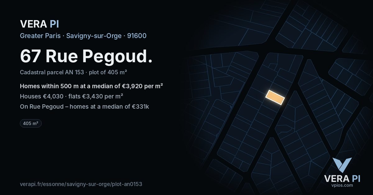67 Rue Pegoud, Savigny-sur-Orge at night – the plot lit, the parcels around coloured by the prices near them