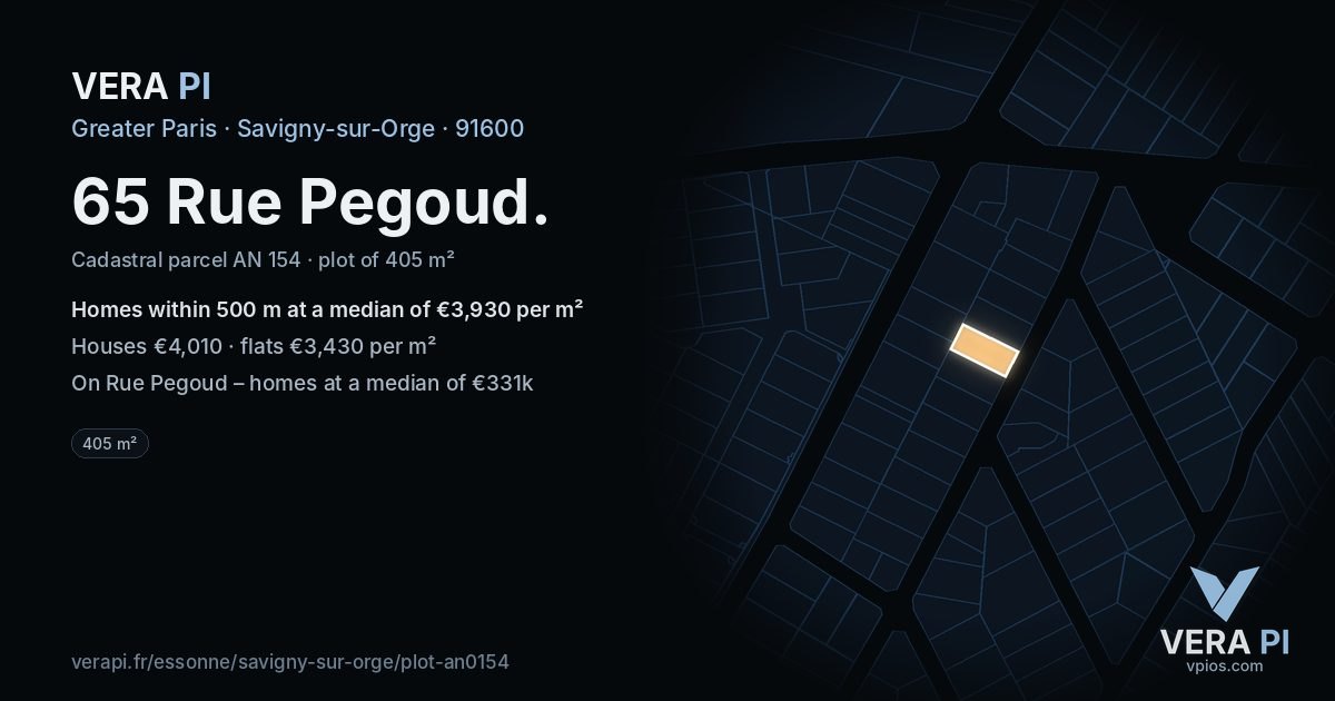 65 Rue Pegoud, Savigny-sur-Orge at night – the plot lit, the parcels around coloured by the prices near them