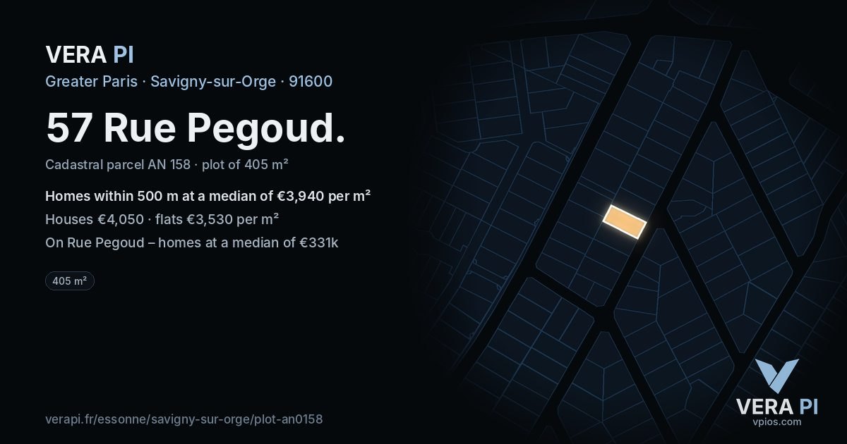 57 Rue Pegoud, Savigny-sur-Orge at night – the plot lit, the parcels around coloured by the prices near them