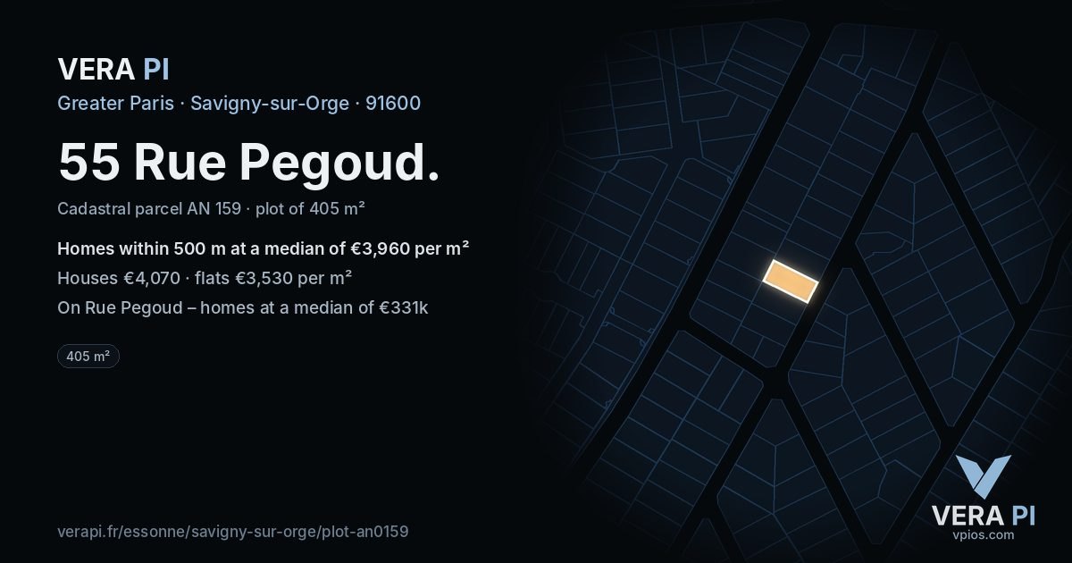 55 Rue Pegoud, Savigny-sur-Orge at night – the plot lit, the parcels around coloured by the prices near them