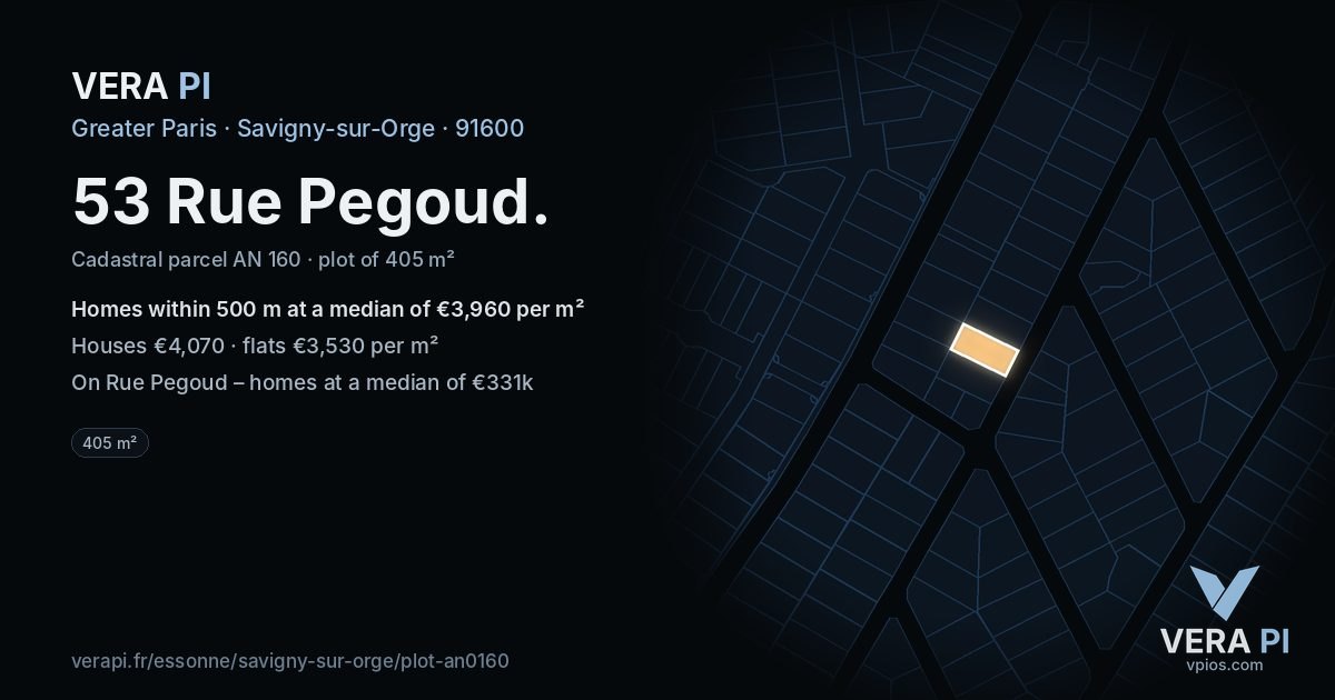 53 Rue Pegoud, Savigny-sur-Orge at night – the plot lit, the parcels around coloured by the prices near them