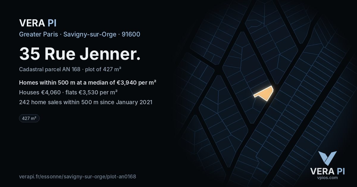 35 Rue Jenner, Savigny-sur-Orge at night – the plot lit, the parcels around coloured by the prices near them