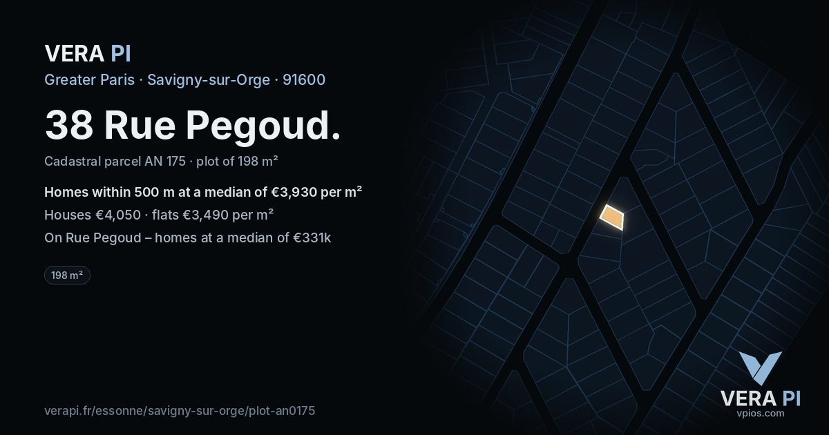 38 Rue Pegoud, Savigny-sur-Orge at night – the plot lit, the parcels around coloured by the prices near them