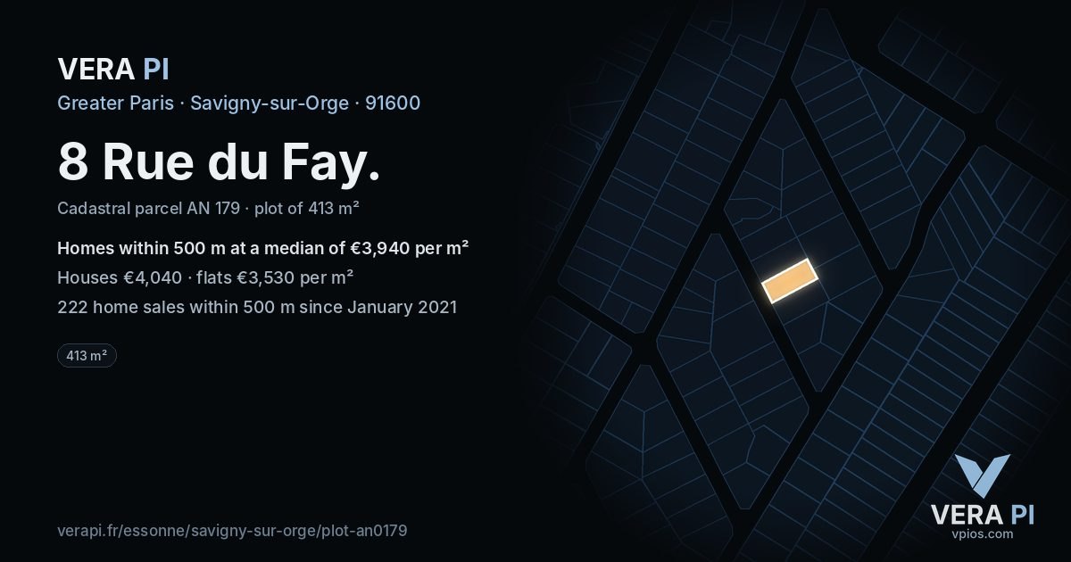 8 Rue du Fay, Savigny-sur-Orge at night – the plot lit, the parcels around coloured by the prices near them