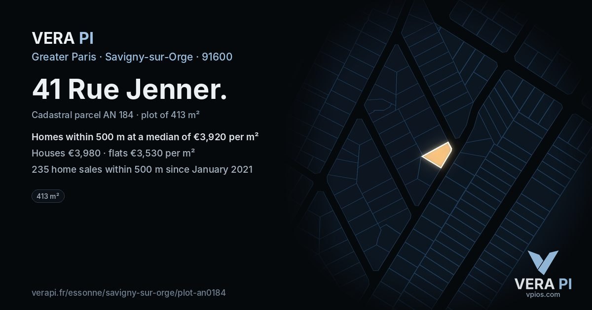 41 Rue Jenner, Savigny-sur-Orge at night – the plot lit, the parcels around coloured by the prices near them