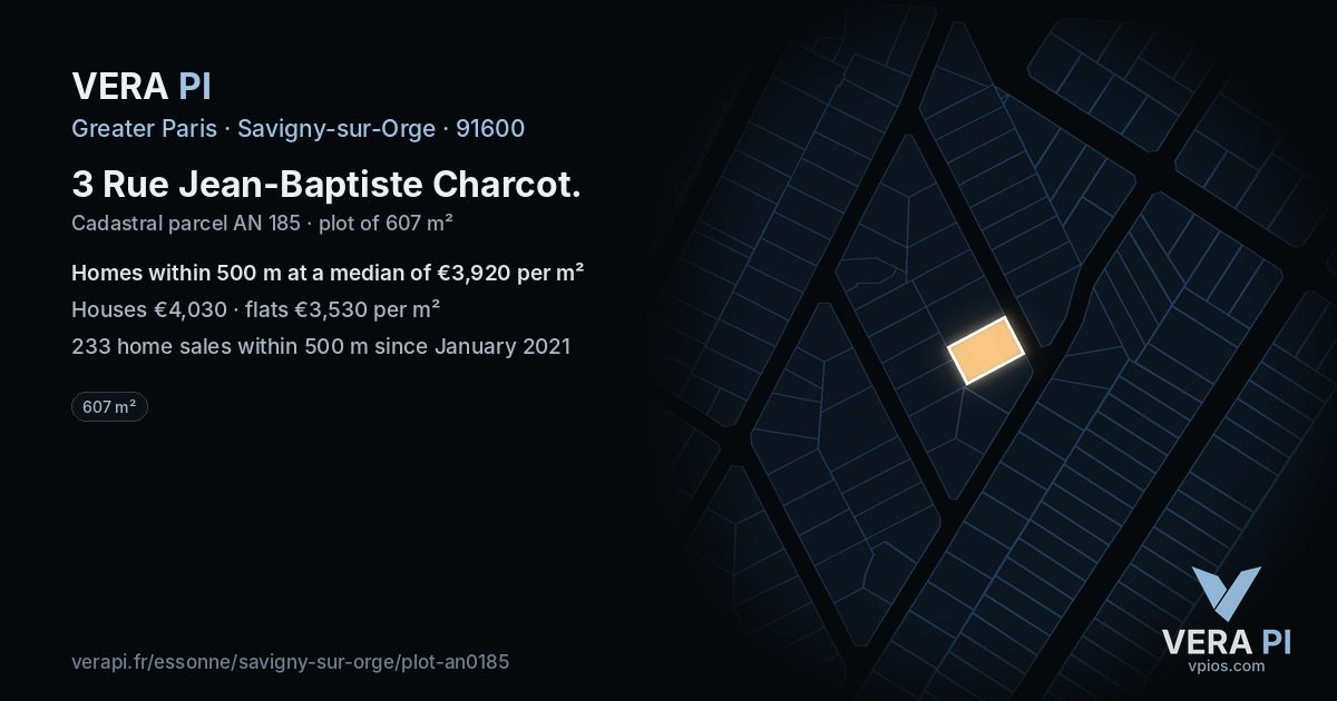 3 Rue Jean-Baptiste Charcot, Savigny-sur-Orge at night – the plot lit, the parcels around coloured by the prices near them