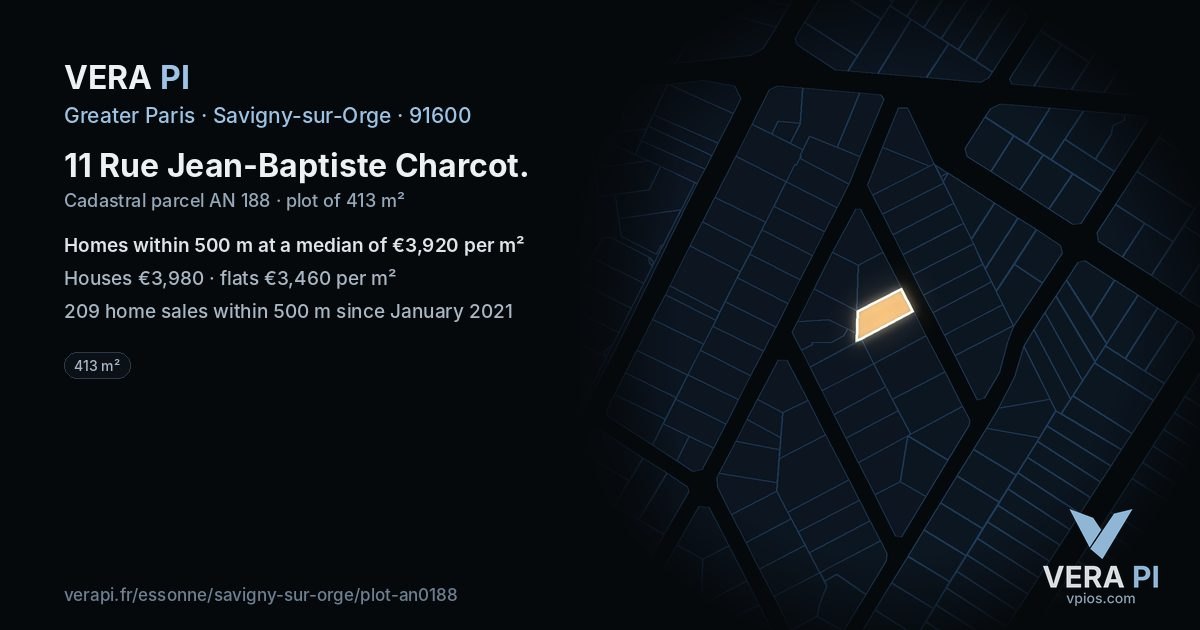 11 Rue Jean-Baptiste Charcot, Savigny-sur-Orge at night – the plot lit, the parcels around coloured by the prices near them