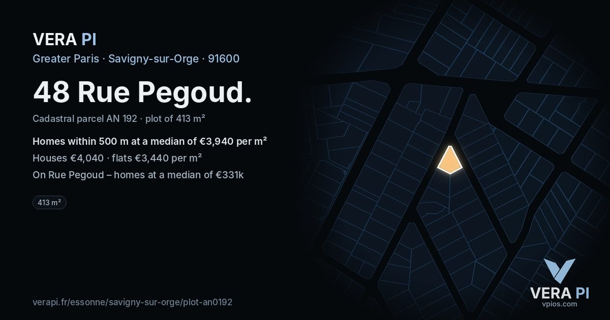48 Rue Pegoud, Savigny-sur-Orge at night – the plot lit, the parcels around coloured by the prices near them