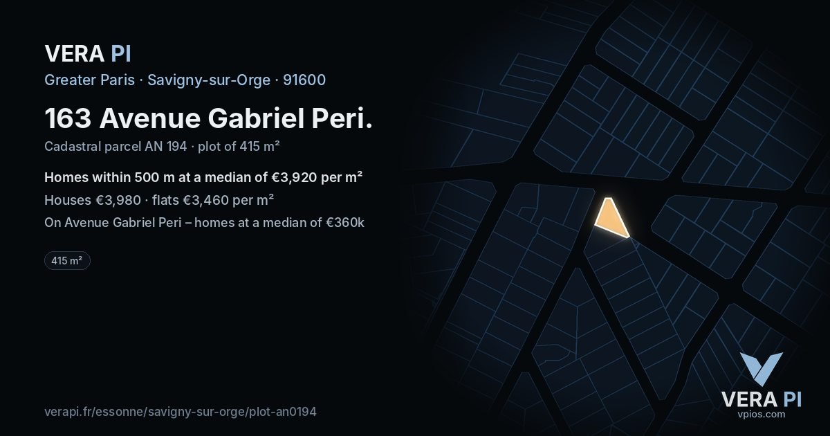 163 Avenue Gabriel Peri, Savigny-sur-Orge at night – the plot lit, the parcels around coloured by the prices near them