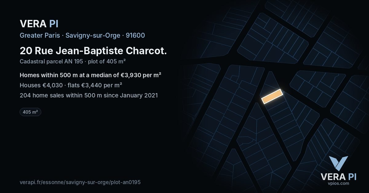 20 Rue Jean-Baptiste Charcot, Savigny-sur-Orge at night – the plot lit, the parcels around coloured by the prices near them