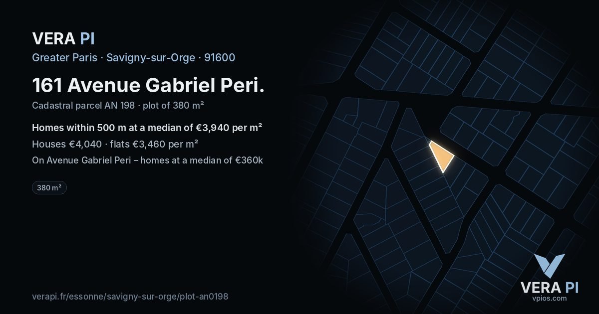 161 Avenue Gabriel Peri, Savigny-sur-Orge at night – the plot lit, the parcels around coloured by the prices near them