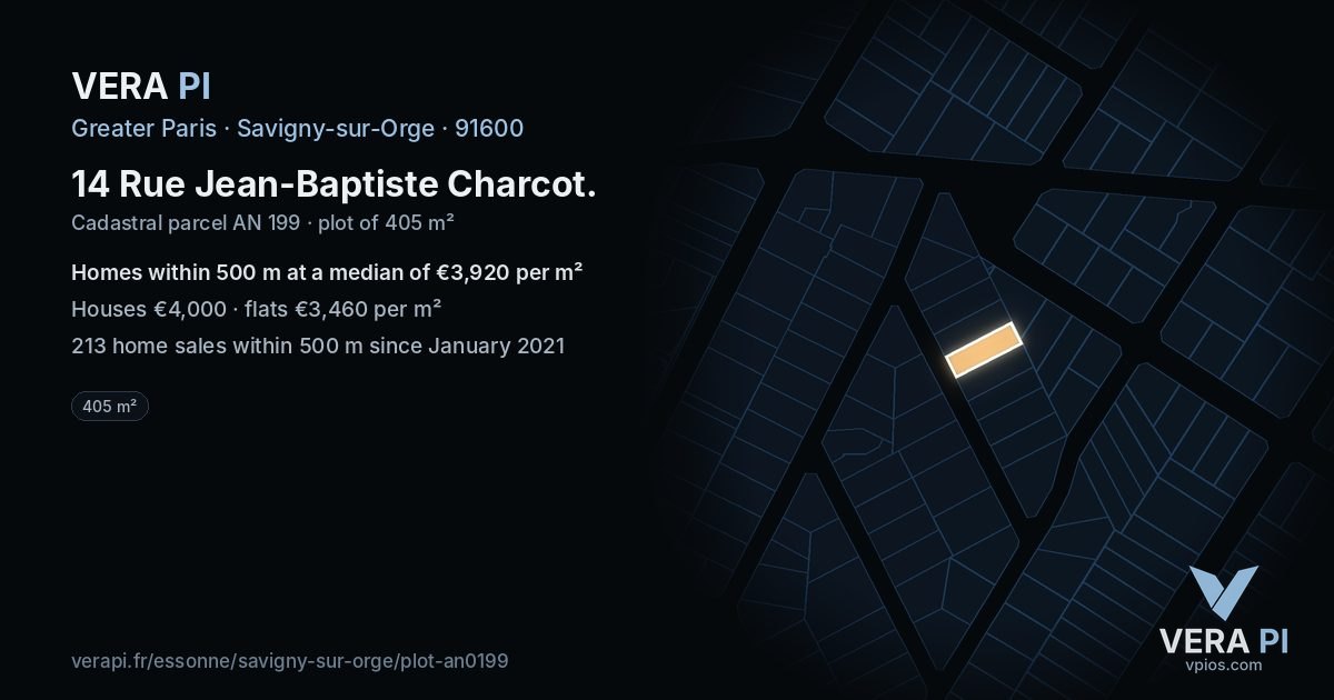 14 Rue Jean-Baptiste Charcot, Savigny-sur-Orge at night – the plot lit, the parcels around coloured by the prices near them