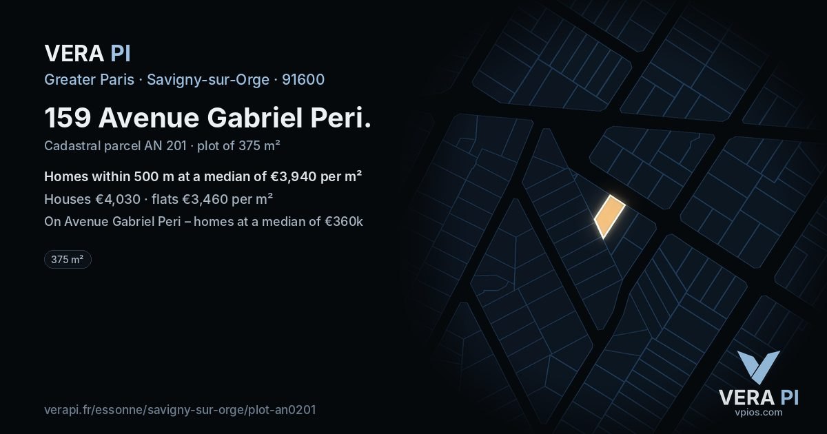 159 Avenue Gabriel Peri, Savigny-sur-Orge at night – the plot lit, the parcels around coloured by the prices near them
